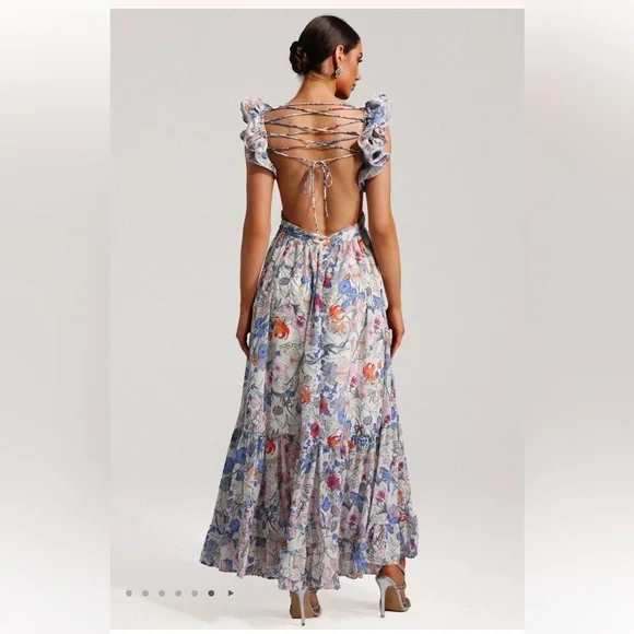 NWT Sunfere Floral Cut Out Maxi Dress Size Medium Lace Up Back Ruffles Flowy - Picture 11 of 14